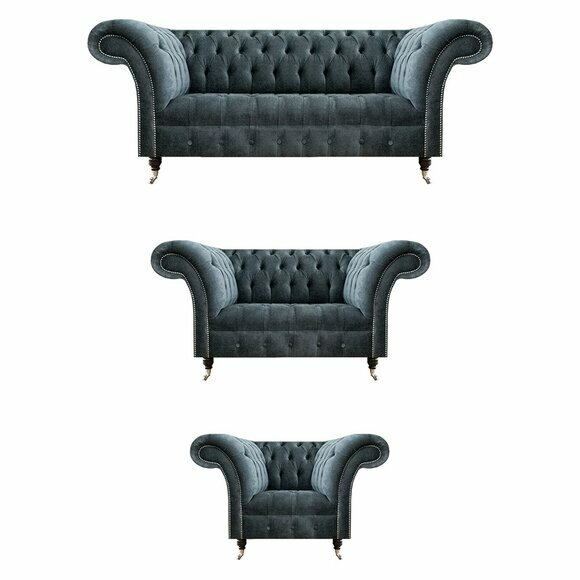 Exklusive Graue Chesterfield Sofas Edler 3-Sitzer Zweisitzer Sessel 3tlg
