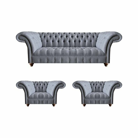 Chesterfield Hellgraue Sofagarnitur Edler Polster Dreisitzer 2x Sessel