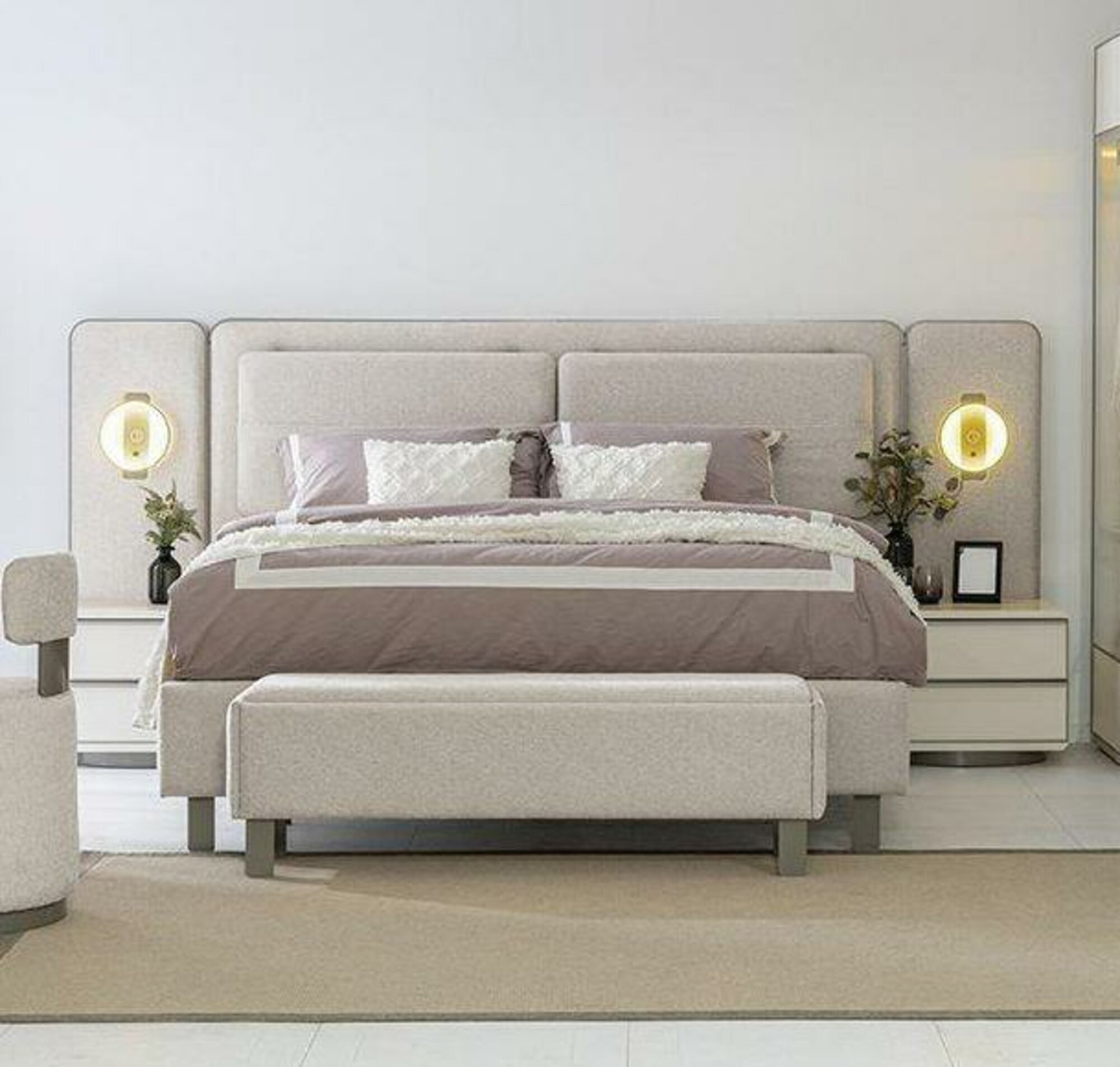 Komplett Schlafzimmer Möbel Set Bett mit Bank 2x Nachttische 3tlg Neu