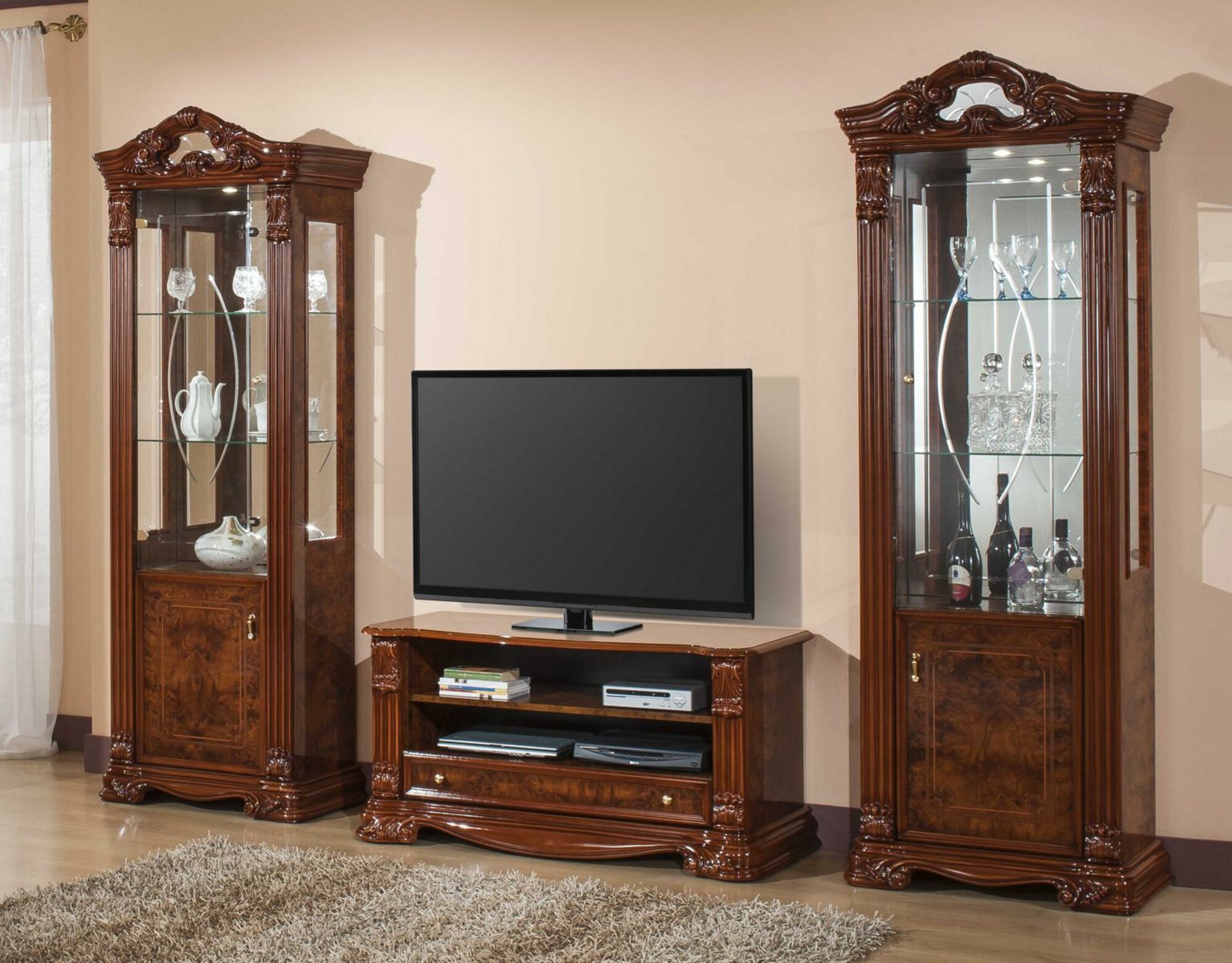 Klassische Wohnwand RTV Vitrine Regal Wandschrank Möbel Neu 3 tlg.