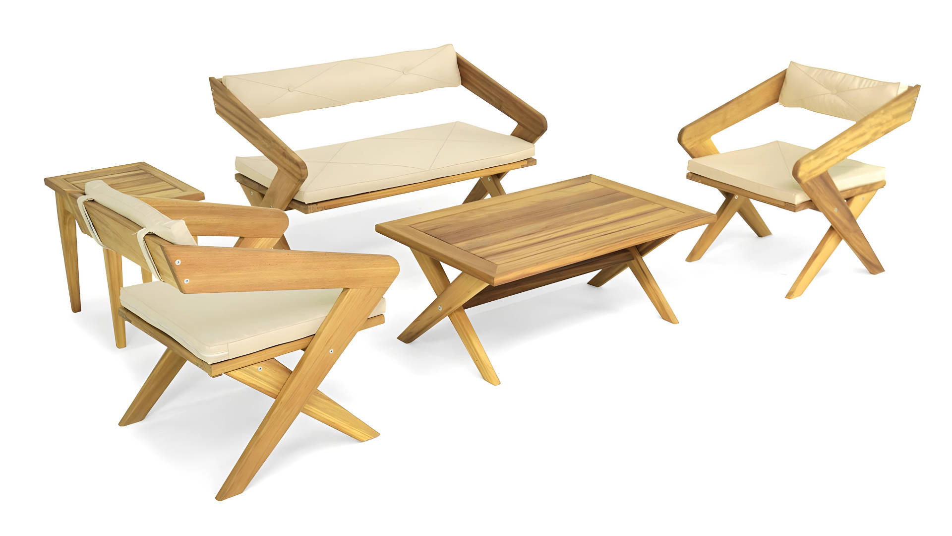 Stilvolles Terrassen Set Zweisitzer Holz Couchtisch 2 Sessel Luxus Möbel