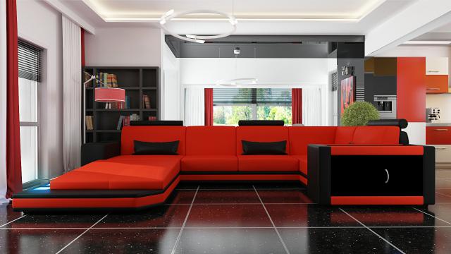Wohnlandschaft Ledersofa Couch Ecksofa mit Beleuchtung XXL BIG - rot/schwarz NEU