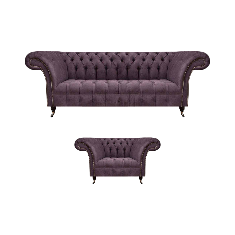 Chesterfield Lila Wohnzimmer Couchgarnitur Edler 3-Sitzer Textil Sessel