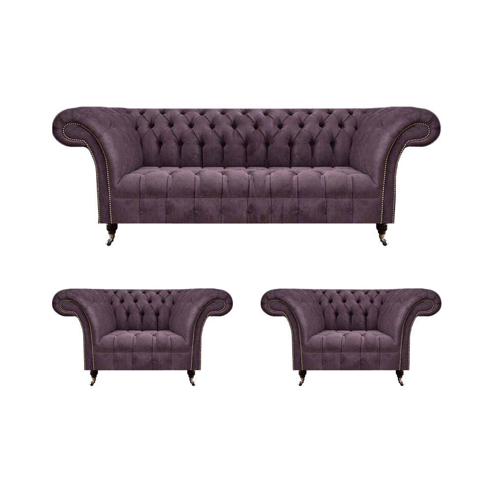 Chesterfield Dunkellila Sofagarnitur Dreisitzer 2x Textil Sessel 3tlg