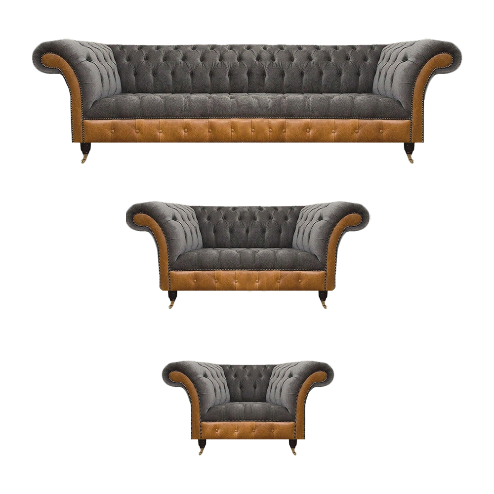 Grau-Braune Chesterfield Sitzgarnitur Polstersofas Textil Couchen 3tlg