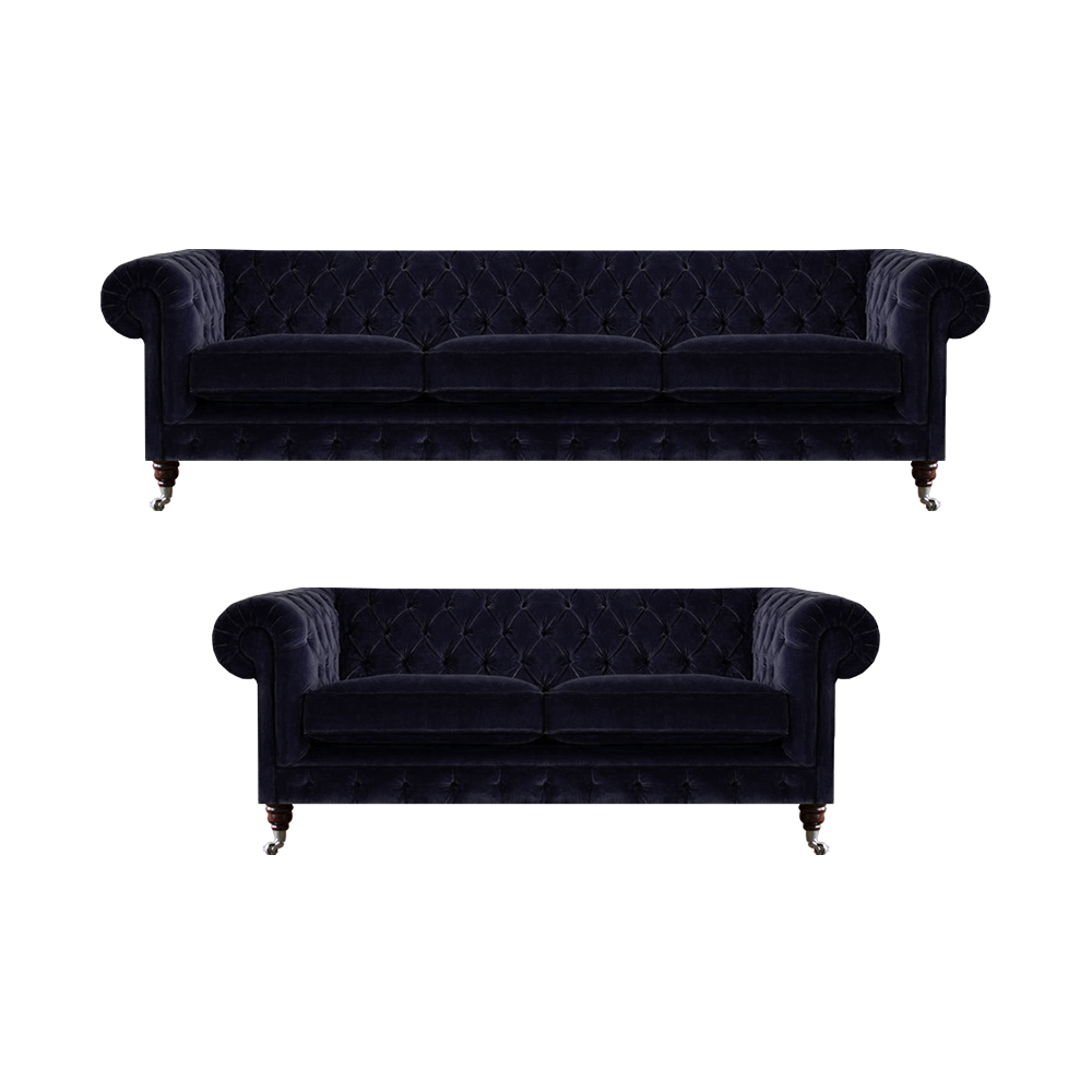 Schicke Dunkelblaue Chesterfield Garnitur Couchgarnitur 2x Edle Sofas