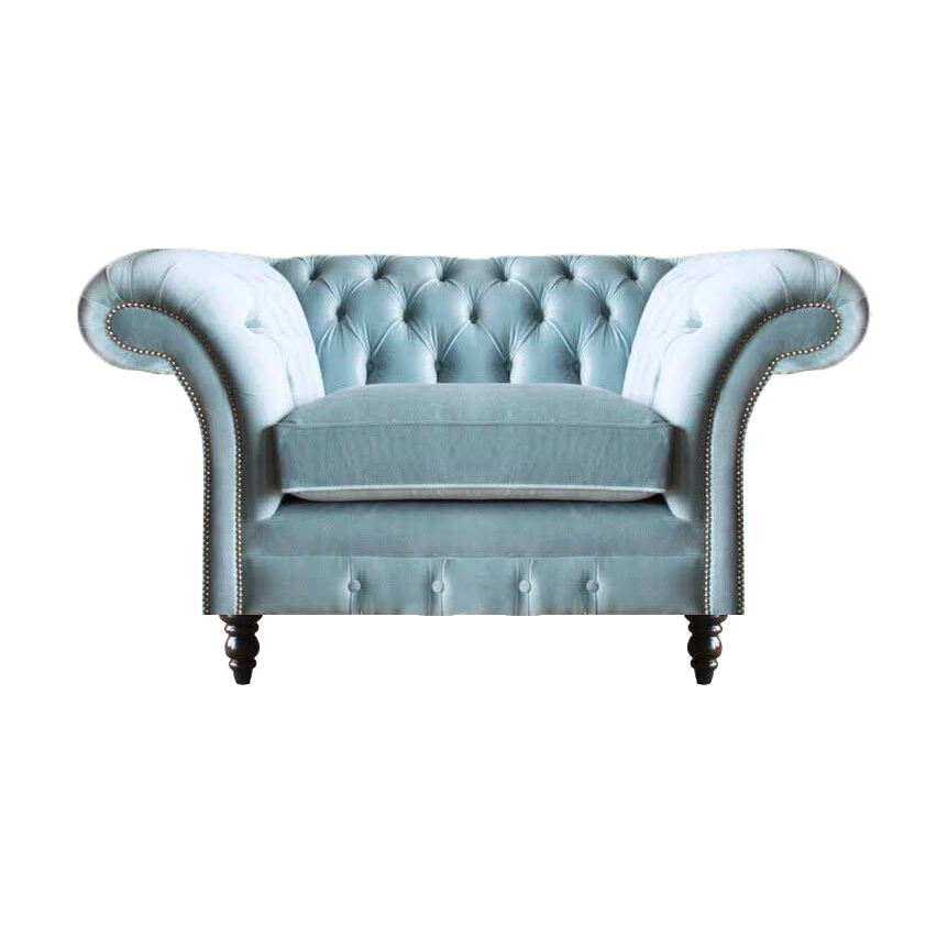Moderner Chesterfield Hellblauer Sessel Edle Sitzmöbel Textil Lehnsessel