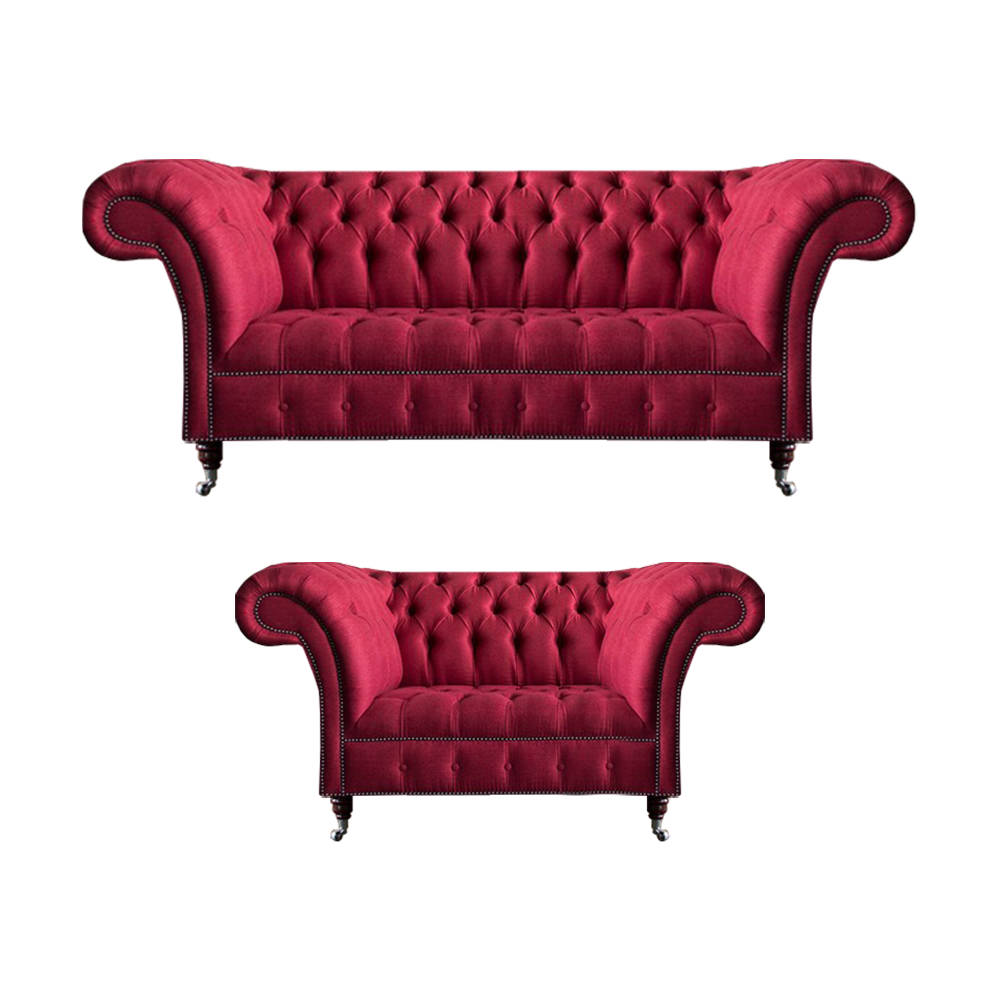 Rosa Chesterfield 3-Sitzer Stilvoller Zweisitzer Wohnzimmer Textil Set