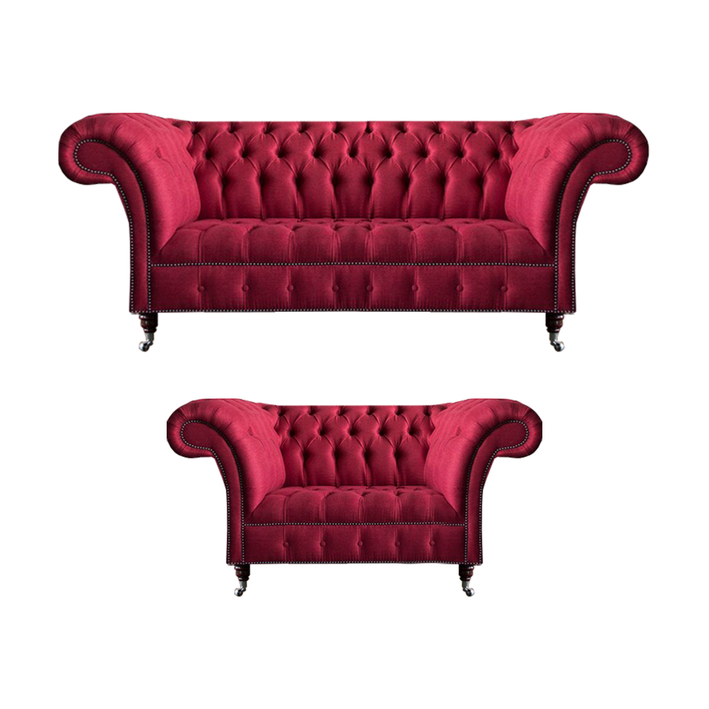 Rosa Chesterfield 3-Sitzer Stilvoller Zweisitzer Wohnzimmer Textil Set