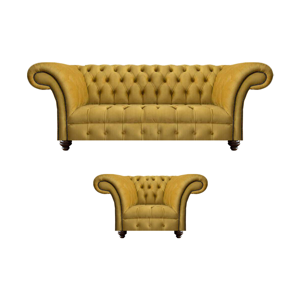 Luxuriöse Chesterfield Gelbe Couch Textil Sessel Moderner 3-Sitzer 2tlg