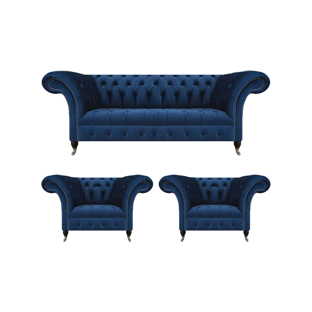 Wohnzimmer Set 3tlg Luxus Garnitur Chesterfield Blau Polstersitz Chesterfield