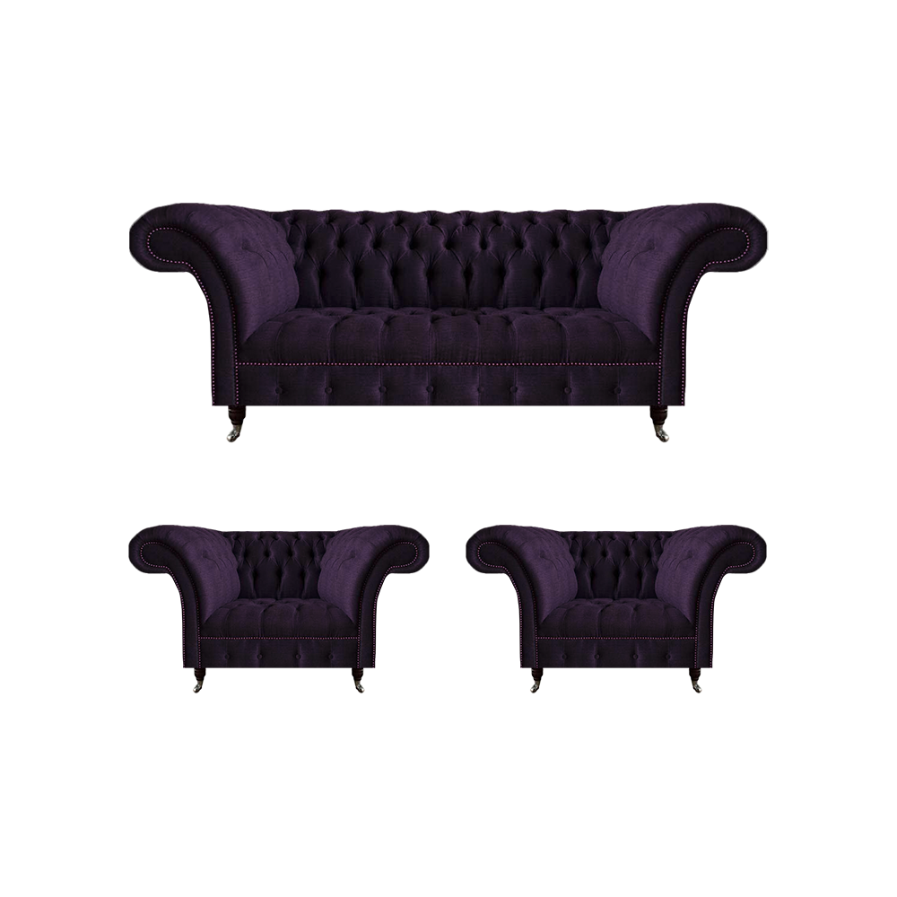 Komplett Set 3tlg Sofa Dreisitze Stoff Lila 2x Sessel Einrichtung Chesterfield
