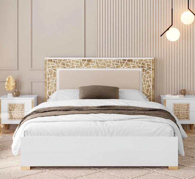 Bett Doppelbett Schlafzimmerbett Weiß Gold Siebdruck Holzbett Bettrahmen
