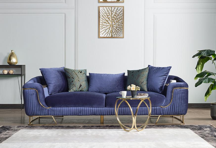 Design Wohnzimmer Luxus Sofa 3 Sitzer Sofa Blau Textil Hochwertig Möbel