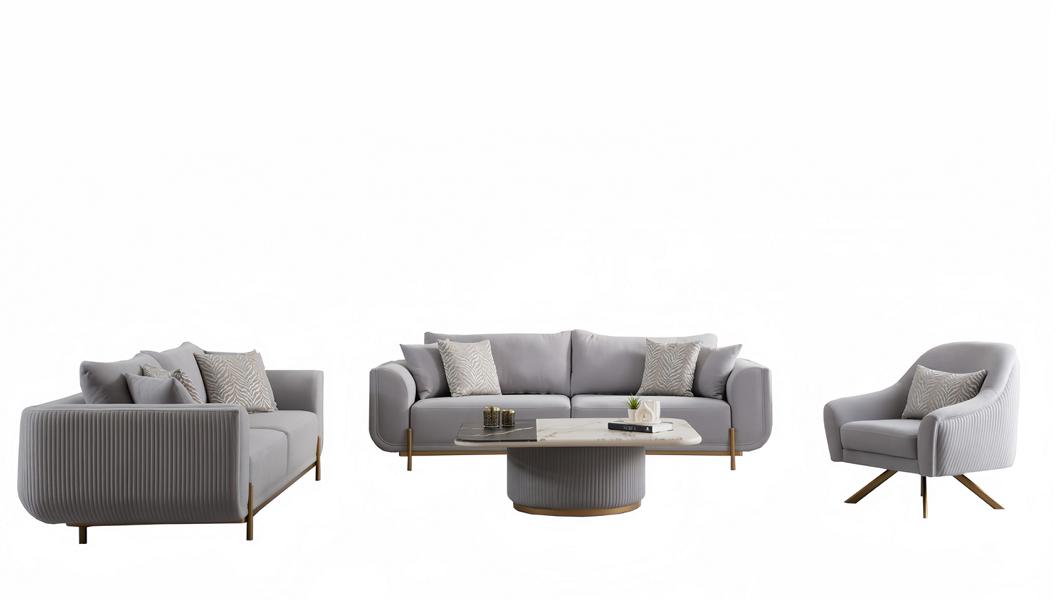 Wohnzimmer Set Sofa 3 sitzer Couchtisch Sessel Beige Gold Edelstahl