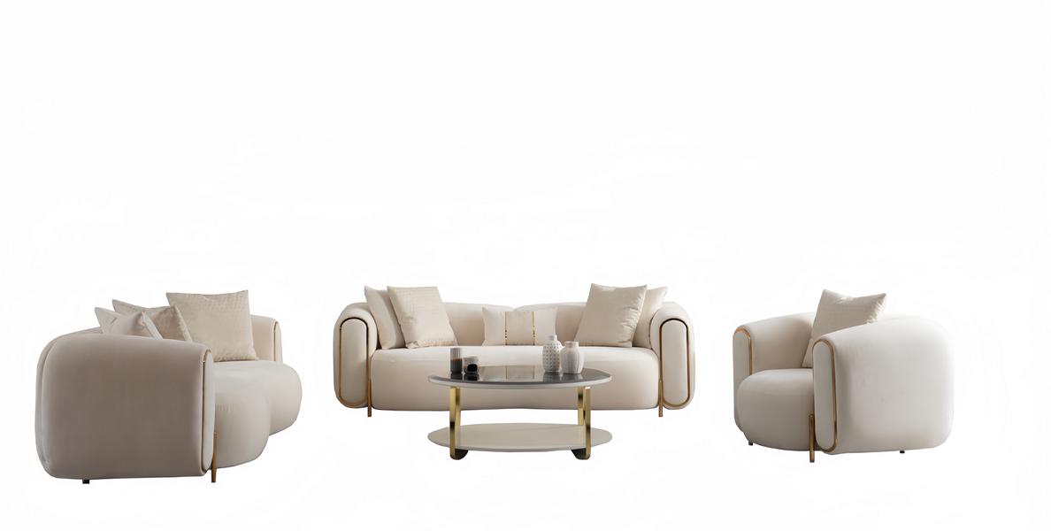 Luxus Wohnzimmer Set Sofa 3 sitzer Sessel Couchtisch Weiß Edelstahl Stoff