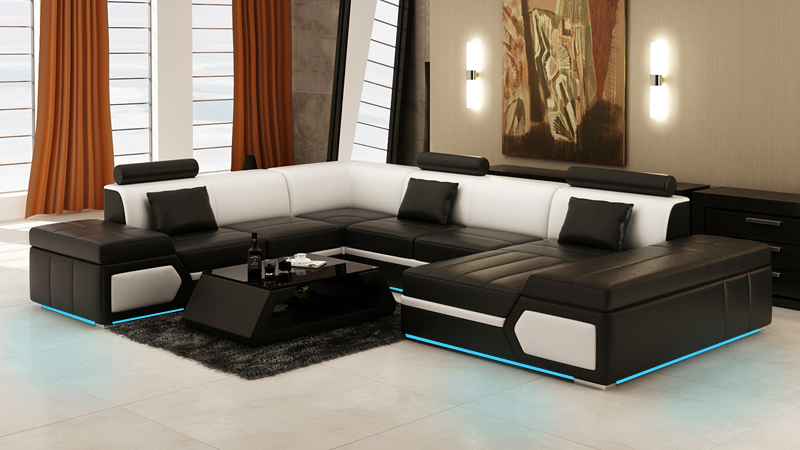 Ledersofa Sofa Couch Wohnlandschaft Ecksofa Garnitur Design Modern Schwarz +USB
