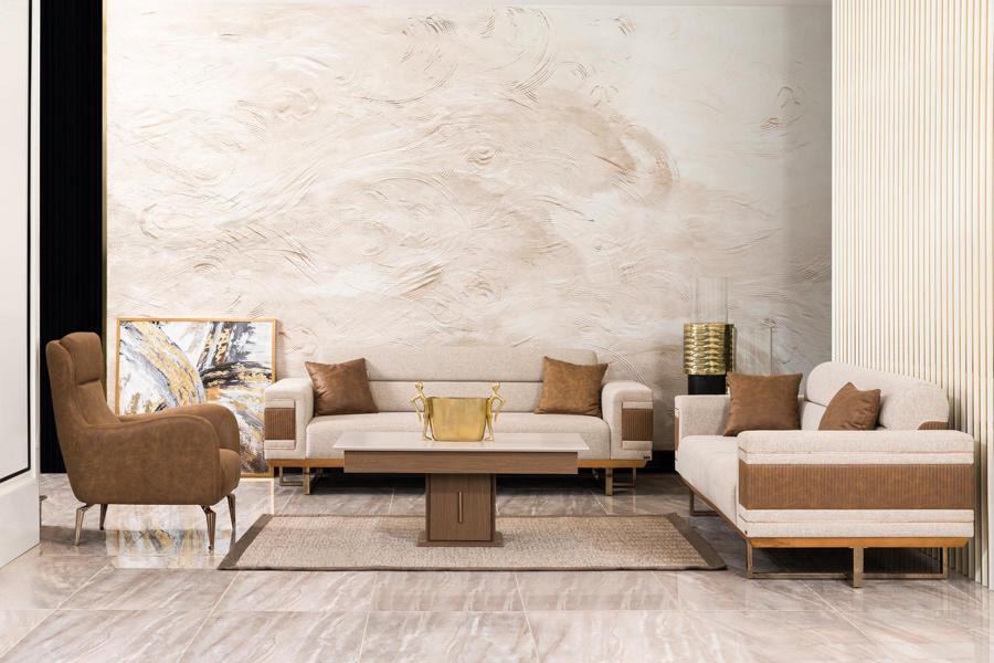 Sofagarnitur 2x 3-Sitzer Sofas Stoff Couchen Polster Garnitur Sofas Braun Sessel