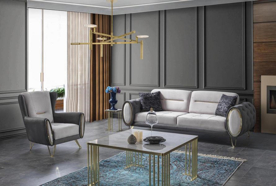 Polstersofa Garnitur Sofagarnitur Dreisitzer Sessel Stoff Sofa Grau sofas