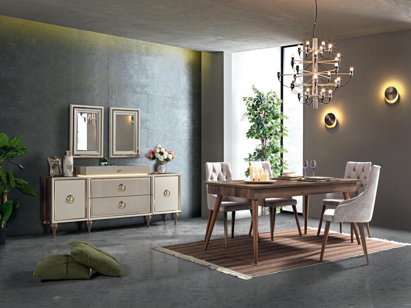 Esszimmer Set Tisch 4x Stühle Design Modern Sideboard Esstisch Beige