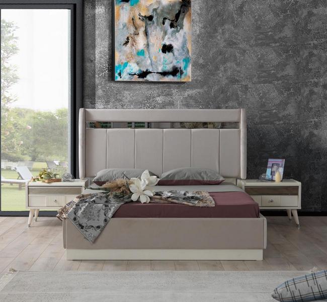 Schlafzimmer Set Einrichtung Bett mit Nachttischen Komplette Garnitur Beige 3tlg