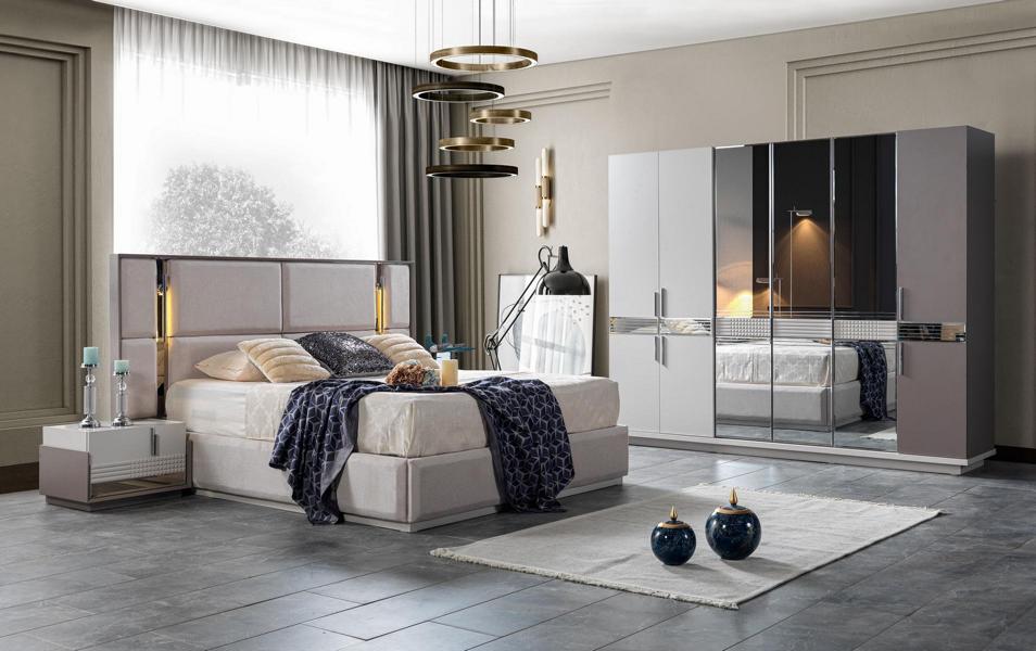 Designer luxuriöse Schlafzimmer Set Weiß Bett Kleiderschrank 2x Nachttische
