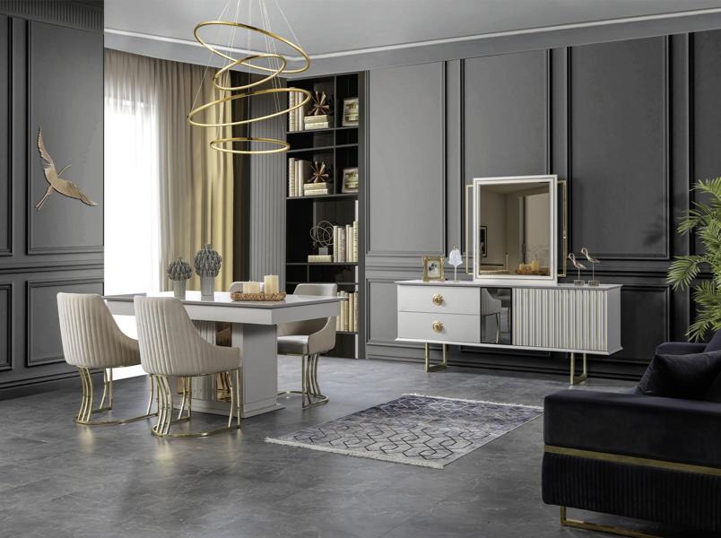 Esszimmer Set Garnitur Tisch 4x Stühle Design Sideboard Modern Möbel Weiß