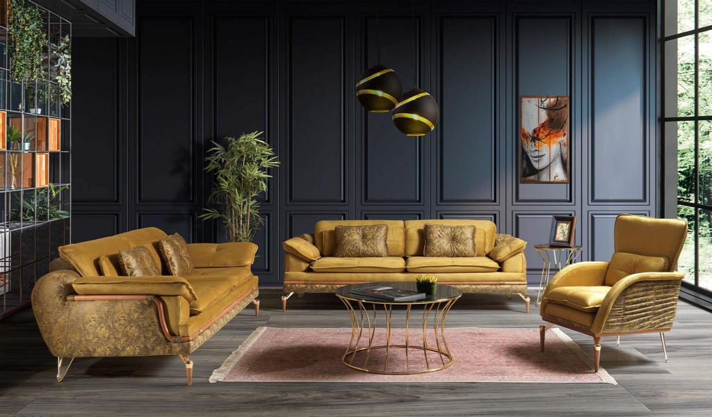 Modern Dreisitzer Couchgarnitur Sessel Couch Polstersofa Stoffsofa Gelb 3tlg