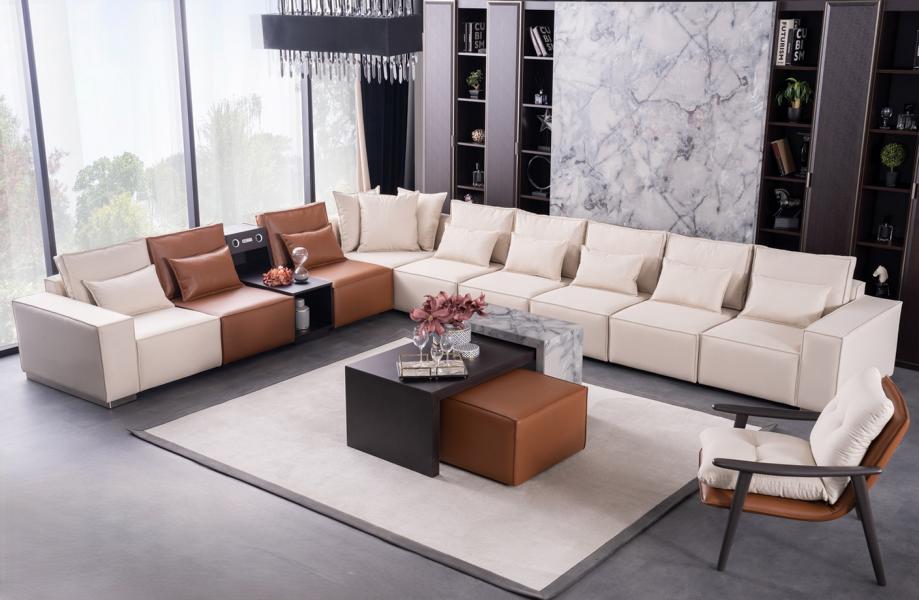 Ecksofa L-Form mit Soundsystem Couchtisch Pouf Sessel Couch Stoff Leder