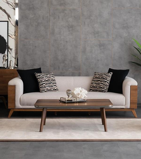 Sitzgruppe Sofa 3 Sitzer Couchtisch Tisch Couch Polster Wohnzimmer Beige