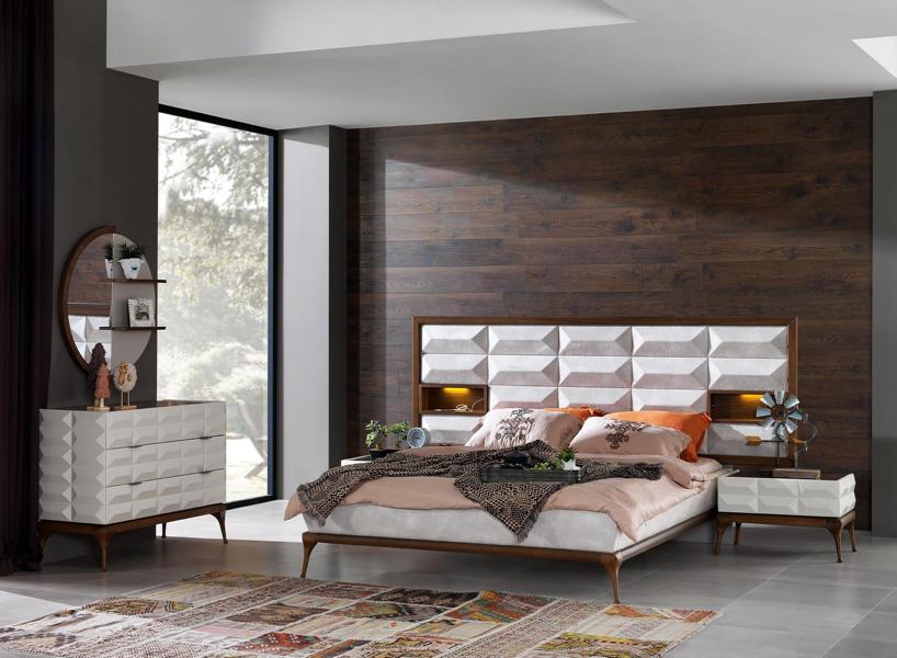 Schlafzimmer Set Bett 2x Nachttische Kommode Spiegel Mit LED-Beleuchtung