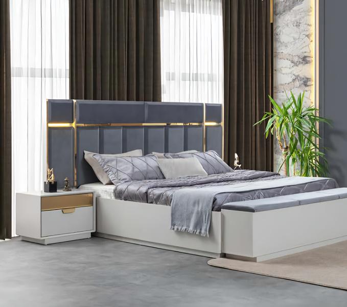 Doppelbett Nachttische Blau Weiß Edelstahl Luxus Schlafzimmer Möbel 3tlg