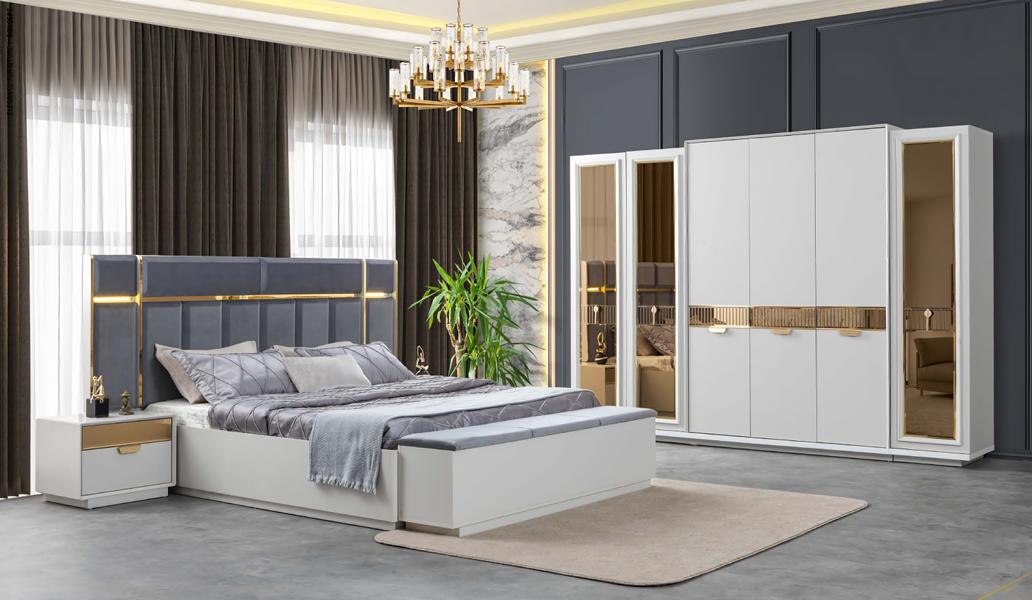 Bett Nachttische Kleiderschrank Verspiegelt Bank Weiß Gold Blau Edelstahl 5tlg