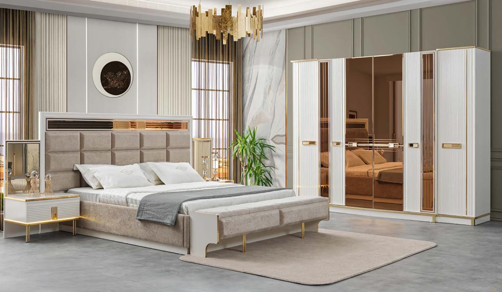 Luxus Schlafzimmer Gold Weiß Bett Kleiderschrank 2x Nachttisch Komplettes Set