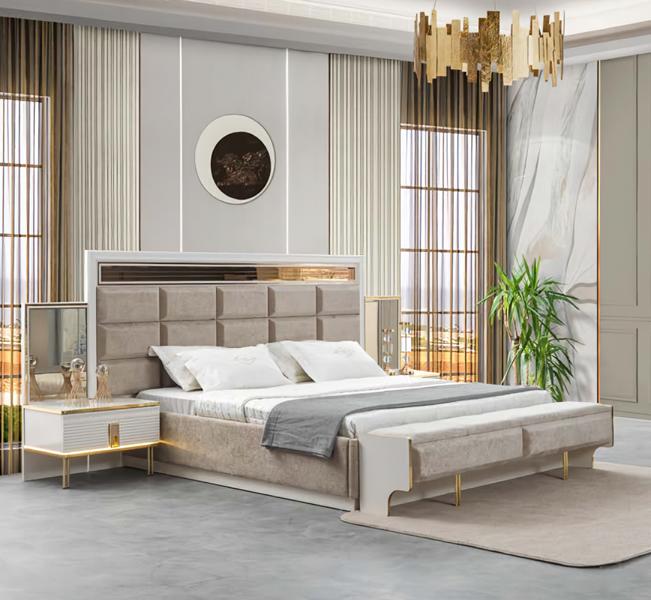 Doppelbett Bett mit großem Kopfteil 2x Nachttische Schlafzimmer Set 3tlg