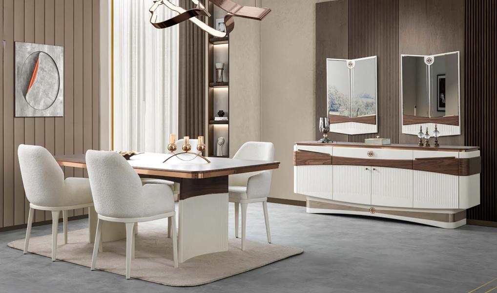 Esszimmer Komplett Esstisch 4x Polsterstühle Sideboard 2x Spiegele Weiß 8tlg