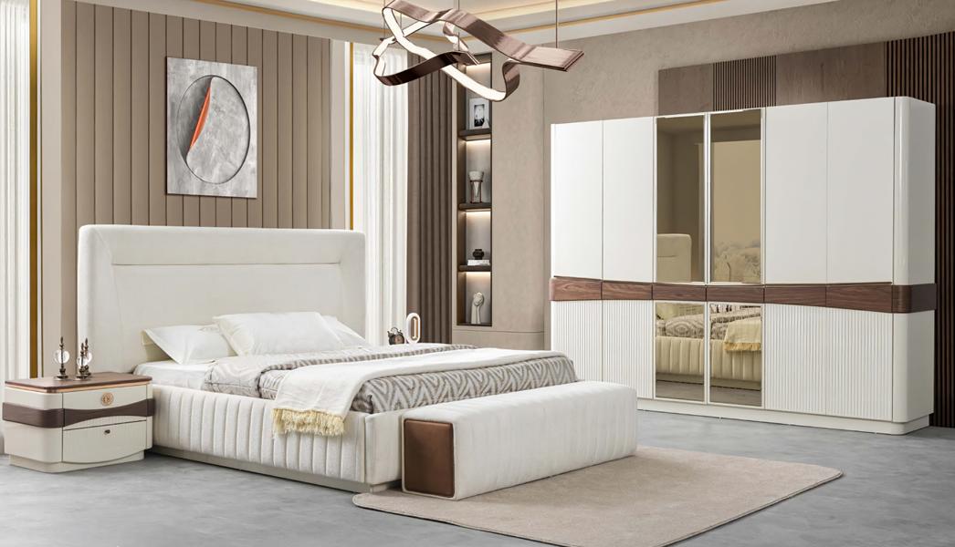 Designer Schlafzimmer Set Bett 2x Nachttische Sitzbank Kleiderschrank Set