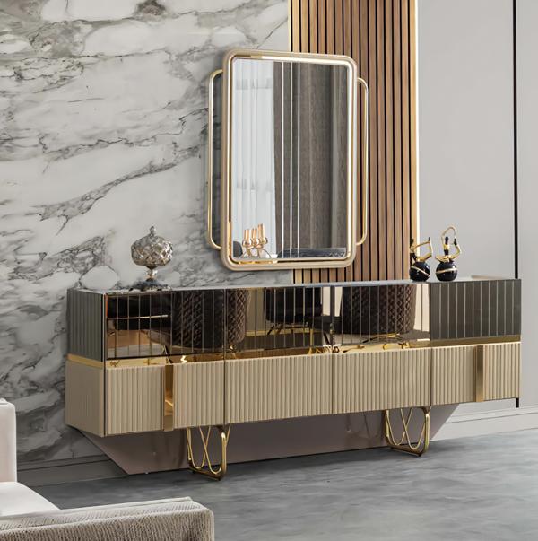 Sideboard mit Spiegel Kommode Schrank Gold Edelstahl Holz Luxusmöbel