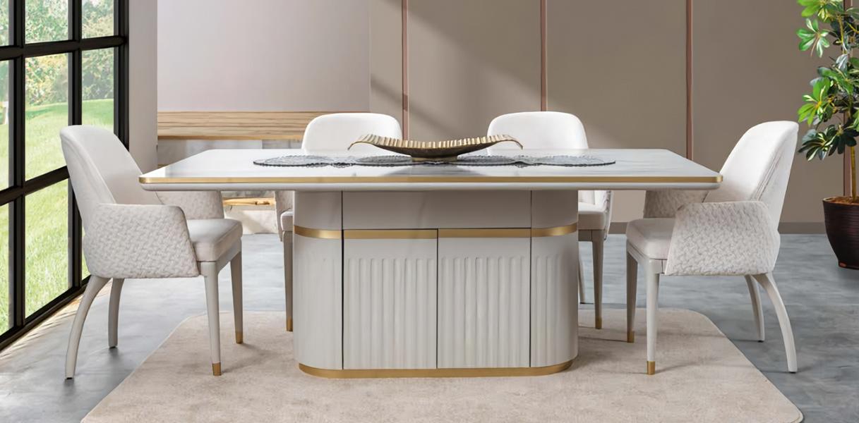 Essgruppe Hochglanz Esstisch 4x Stühle Edelstahl Holz Weiß Esszimmermöbel 5tlg