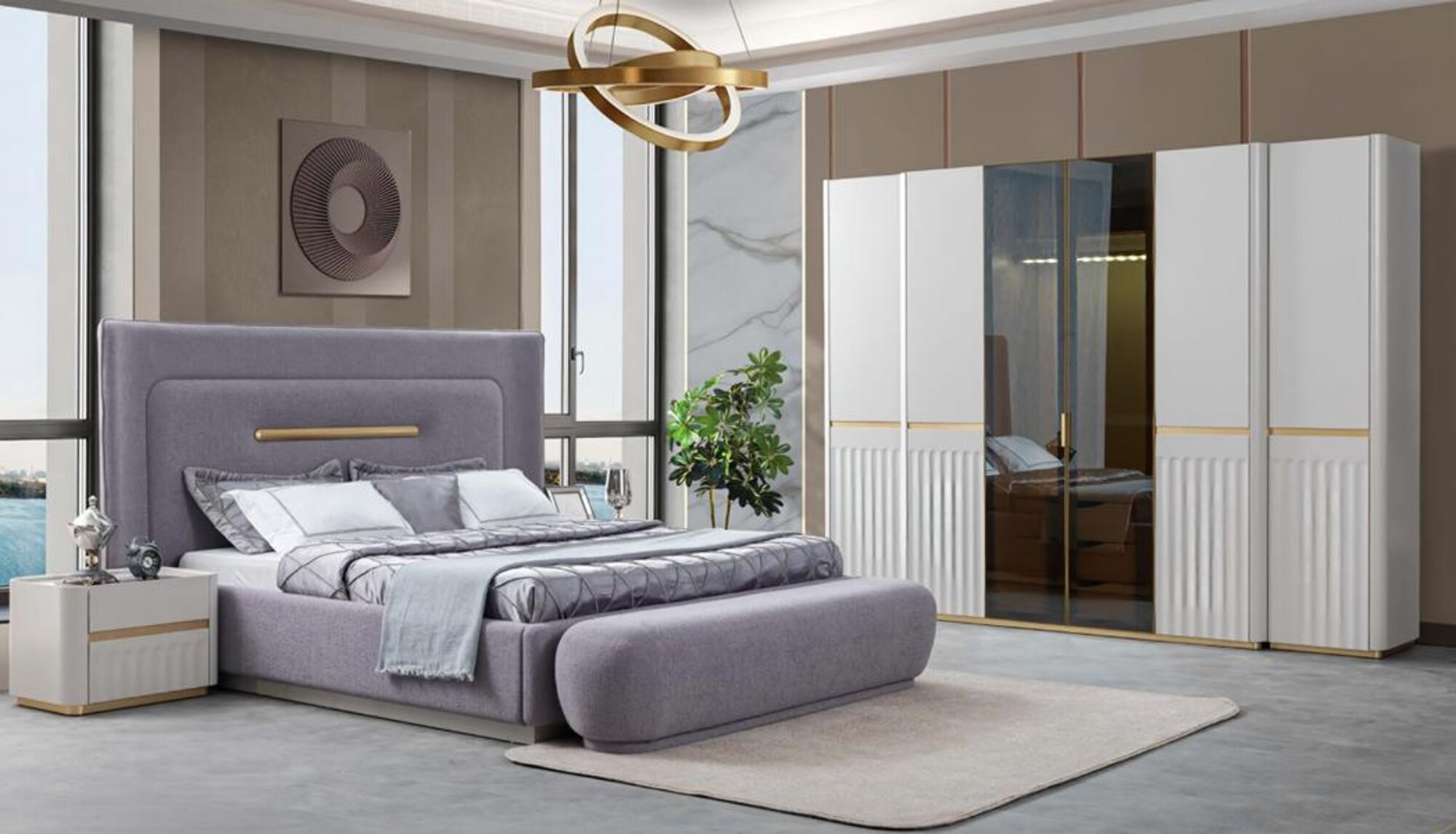 Schlafzimmer Set Kleiderschrank Bett 2x Nachttische Sitzbank Violett Komplett