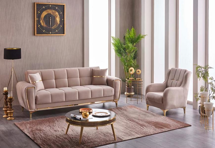 Garnitur Dreisitzer Sessel Polstersofa Stoffsofa Beige Set 2tlg Couch