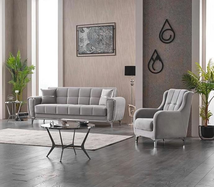 Sofas Komplette Dreisitzer Sessel Polstersofa Stoff Grau 2tlg Couch