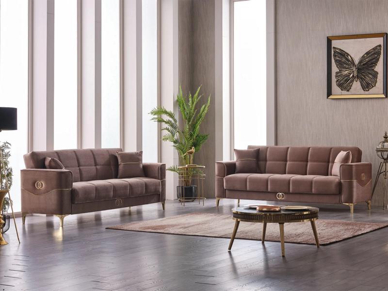 Komplette Dreisitzer Couch Polstersofa Stoff 3 Sitzer Sofa Braun 2tlg