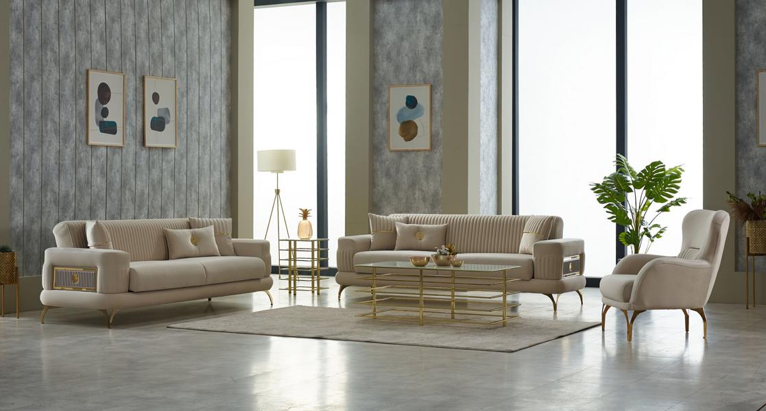 Sofagarnitur Dreisitzer Sofa Stoffsofa Polstersofa Beige Sessel 3tlg