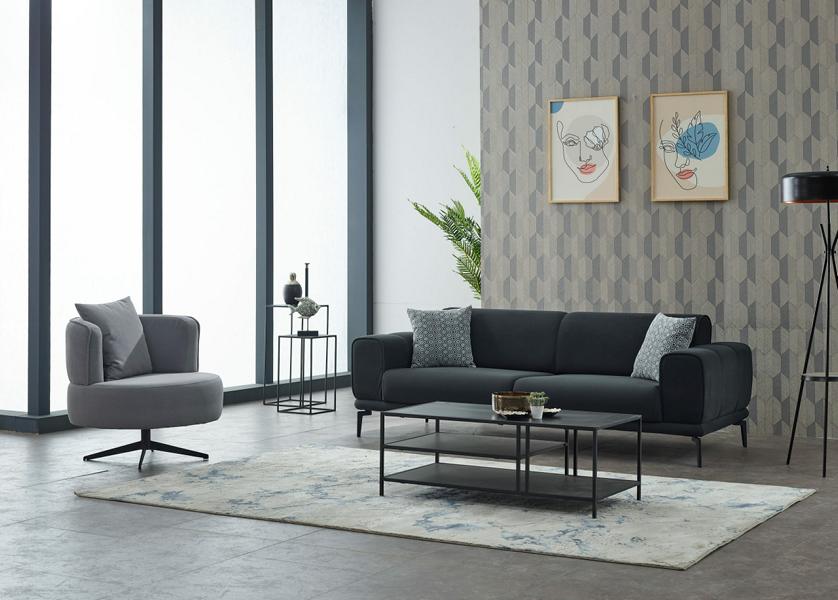 Couchgarnitur Polstersofa Dreisitzer Sessel Schwarz Stoffsofa Set 2tlg