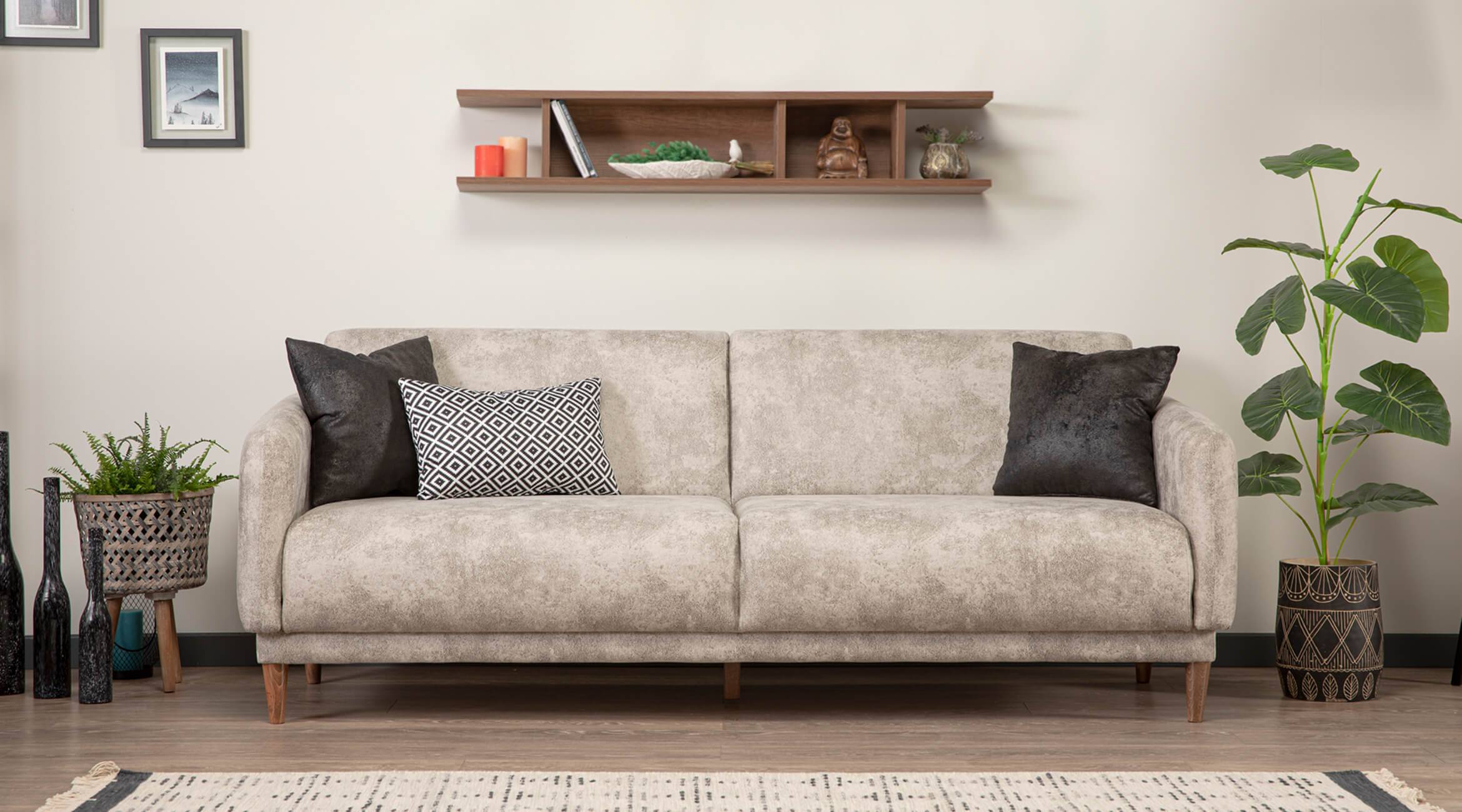 Sofa 3 Sitzer mit Schlaffunktion mit Wandregal Designer Wohnzimmer Set