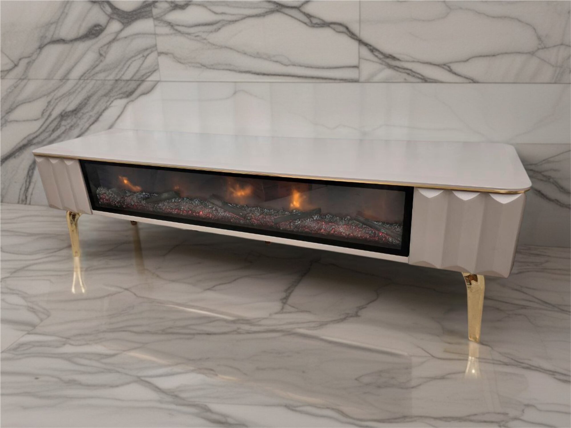 Elektro Dekokamin Wohnzimmer Luxusmöbel Kamin Taupe Holz Metall Lowboard Sofort