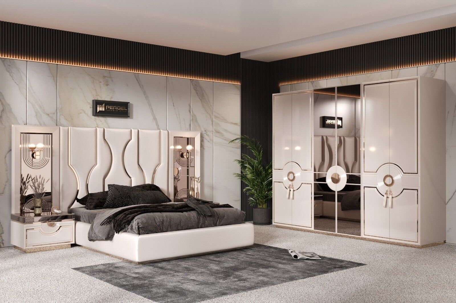 Modernes Schlafzimmer-Set 5-tlg. Luxus Bett, Schrank, Nachttische, Schminktisch