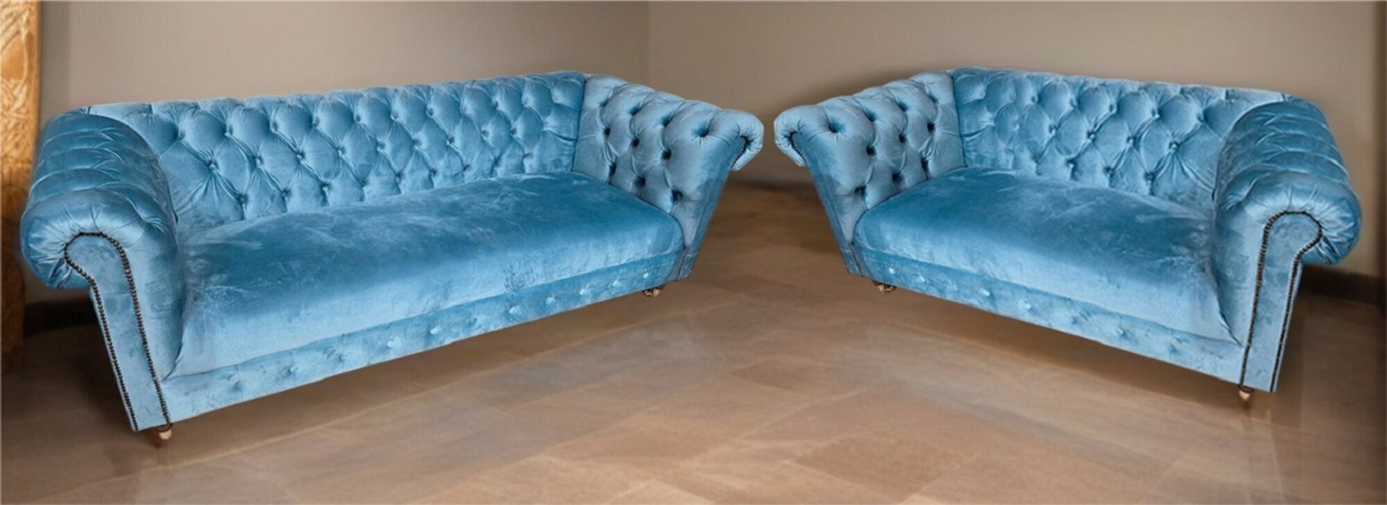 Design Wohnzimmer Set Luxuriöses Sofa 3-Sitzer und 2-Sitzer Sofa Blau Textilien Sofort