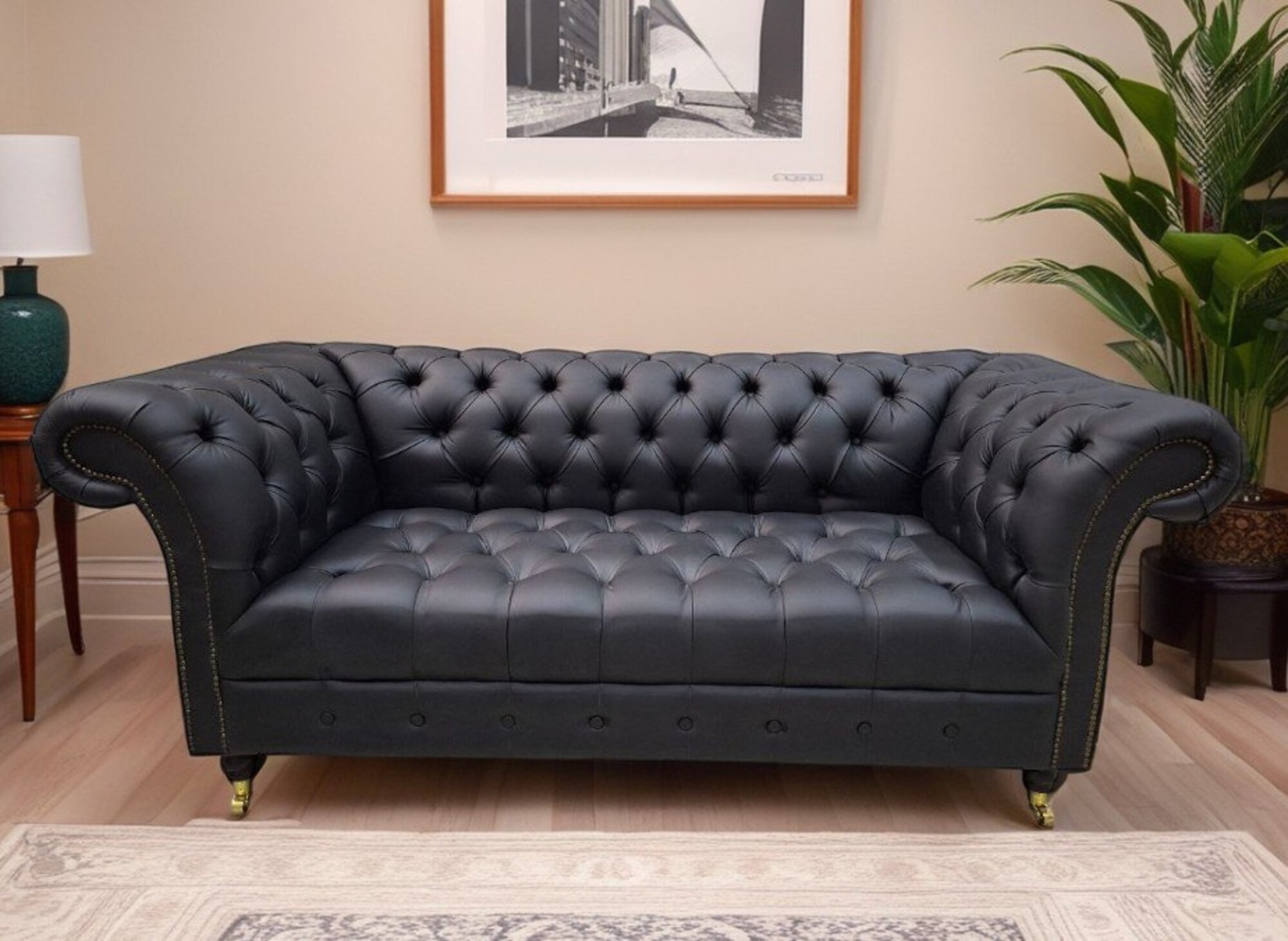 Chesterfield Original Sofa JVMoebel Textil Sofas Stoff Schwarz 100% Leder Sofort